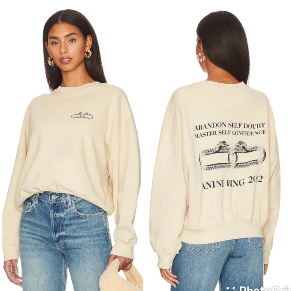 Anine Bing Leo Serpent Abandon Self Doubt Sweatshirt Sand Large